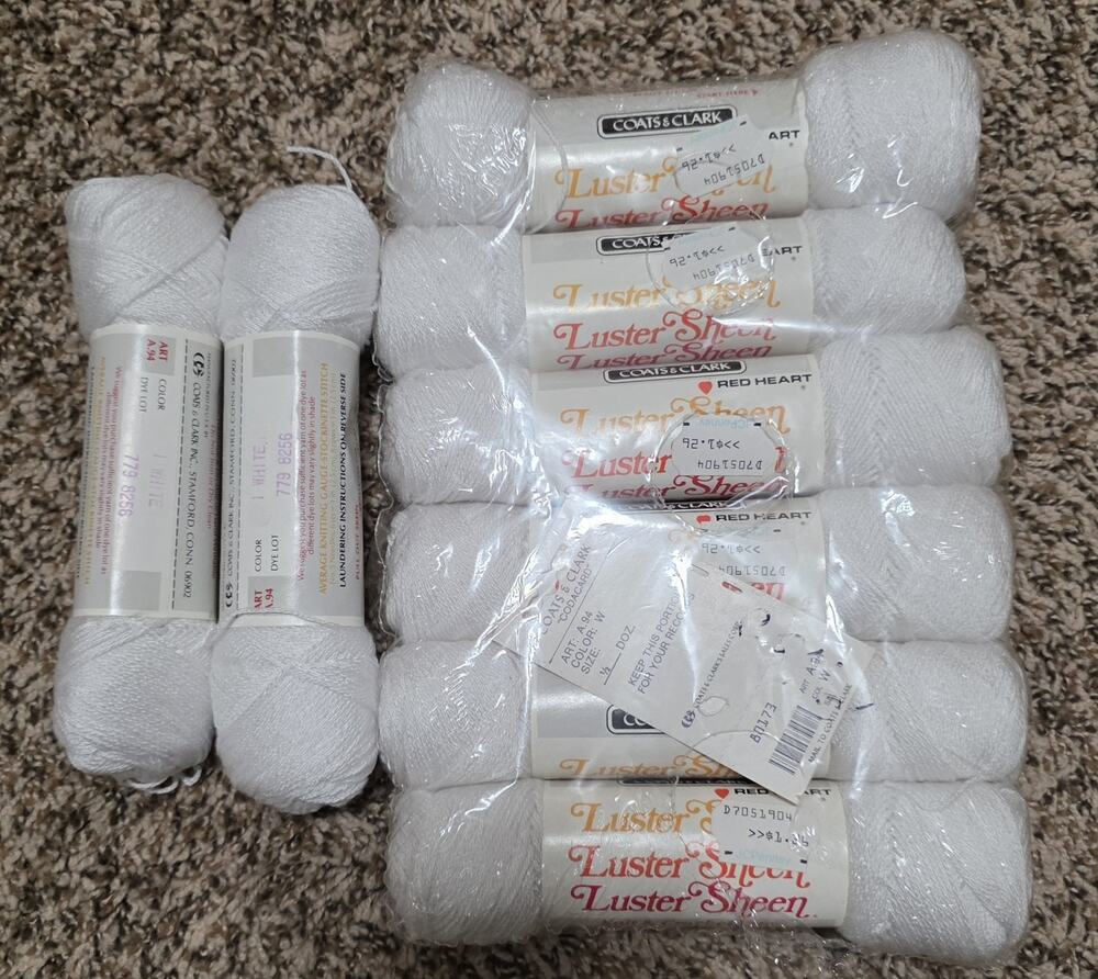 Vintage 8 Skeins Red Heart Luster Sheen Yarn White A94 Dye Lot 779 8256